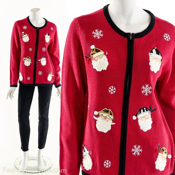 Santa Applique Ugly Christmas Cardigan Sweater - Picture 2 of 9